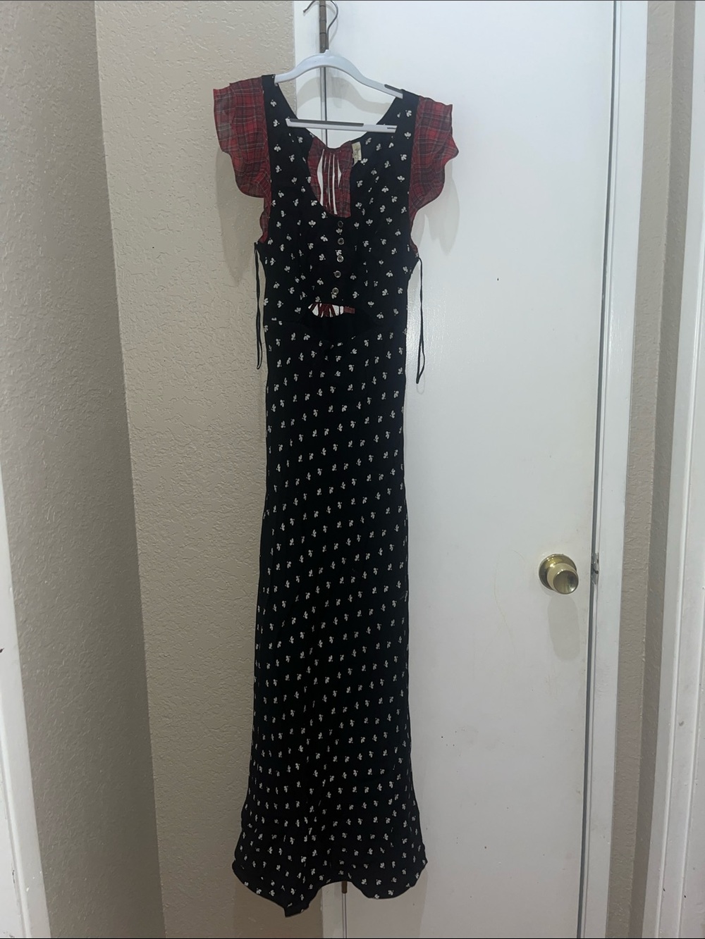 Free People Black Maxi Dress with Red Plaid Cap Sleeves